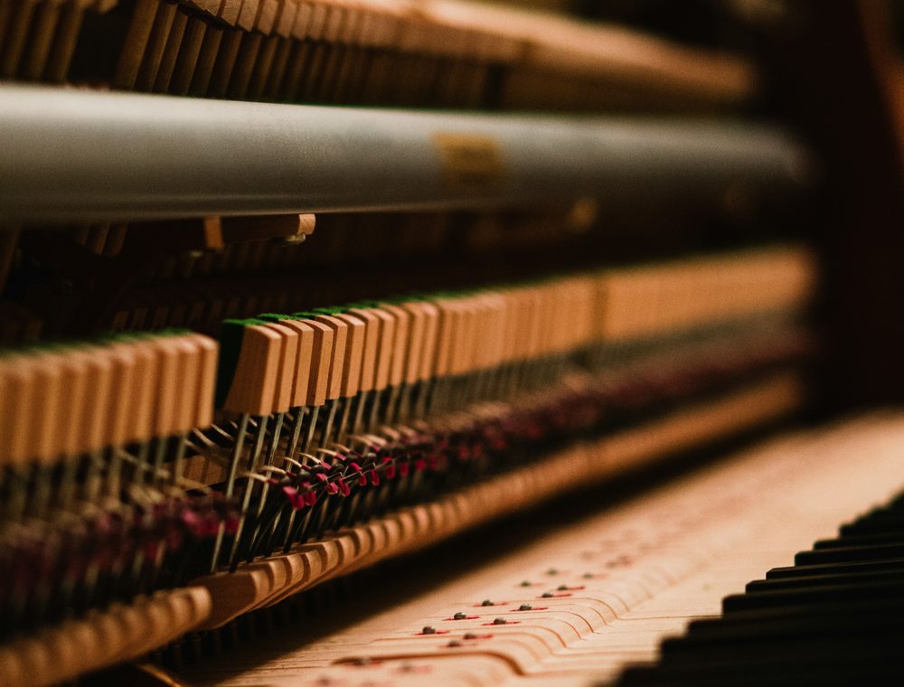 The hammers and dampers of a piano action seen from above
